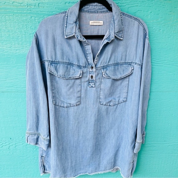 ZARA WOMAN LYOCELL LINEN CHAMBRAY DENIM TUNIC TOP FRAYED HEM SIZE MEDIUM - Picture 1 of 5